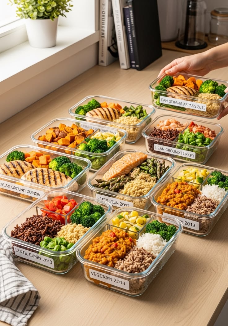 Organised meal preparation containers with portioned ingredients for weekly family dinners